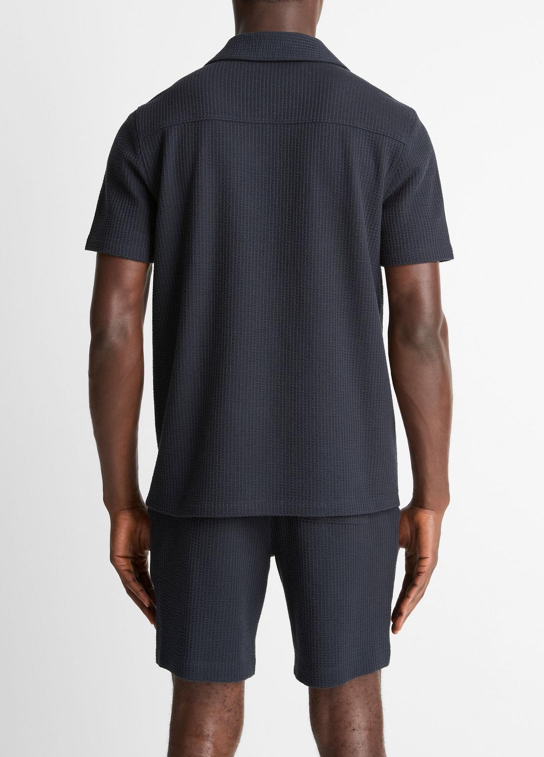 VINCE Men Seersucker-Knit Stretch-Cotton Short-Sleeve Johnny-Collar Shirt in Short Sleeve COASTAL BLUE