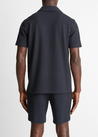 VINCE Men Seersucker-Knit Stretch-Cotton Short-Sleeve Johnny-Collar Shirt in Short Sleeve COASTAL BLUE