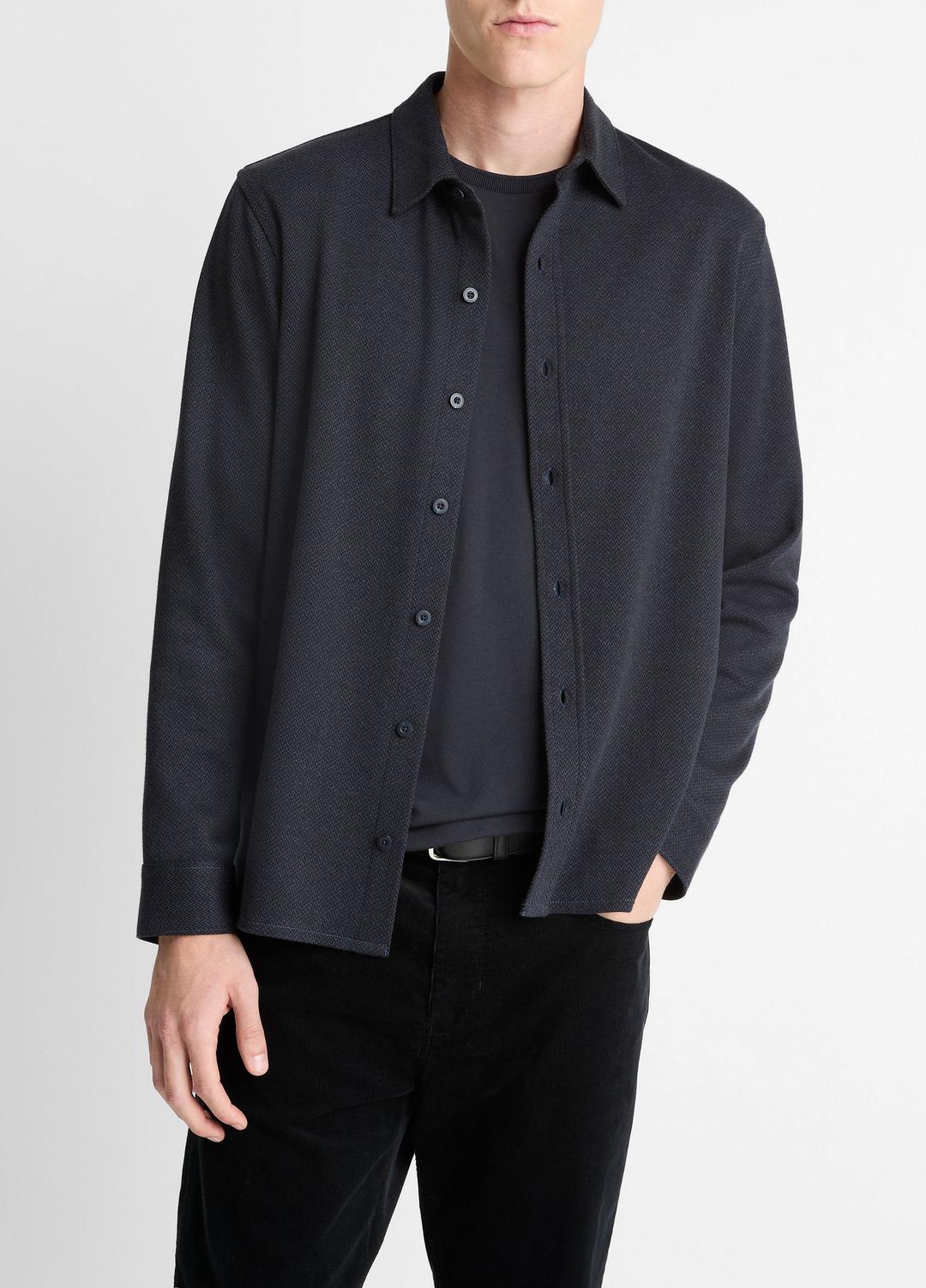 VINCE Men Herringbone Cotton-Blend Button-Front Shirt in Long Sleeve COASTAL BLUE