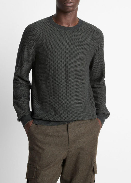 VINCE Men Geo-Jacquard Wool-Blend Crew Neck Sweater in Crew Neck DRIVER GREEN/COASTAL BLUE