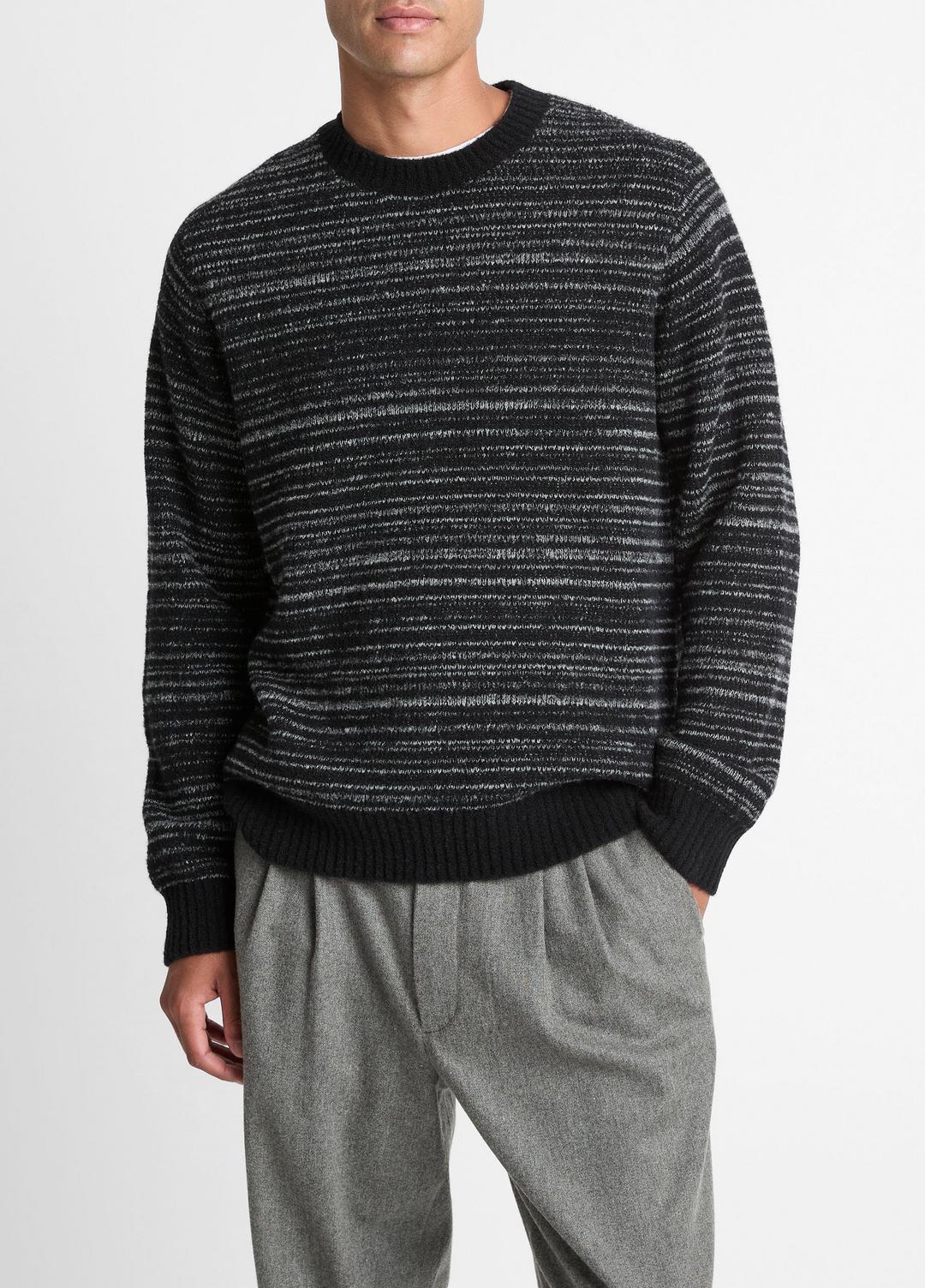 VINCE Men Marled Stripe Merino Wool-Blend Sweater in Crew Neck BLACK/MEDIUM HEATHER GREY