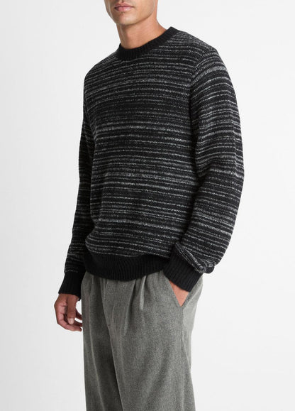 VINCE Men Marled Stripe Merino Wool-Blend Sweater in Crew Neck BLACK/MEDIUM HEATHER GREY