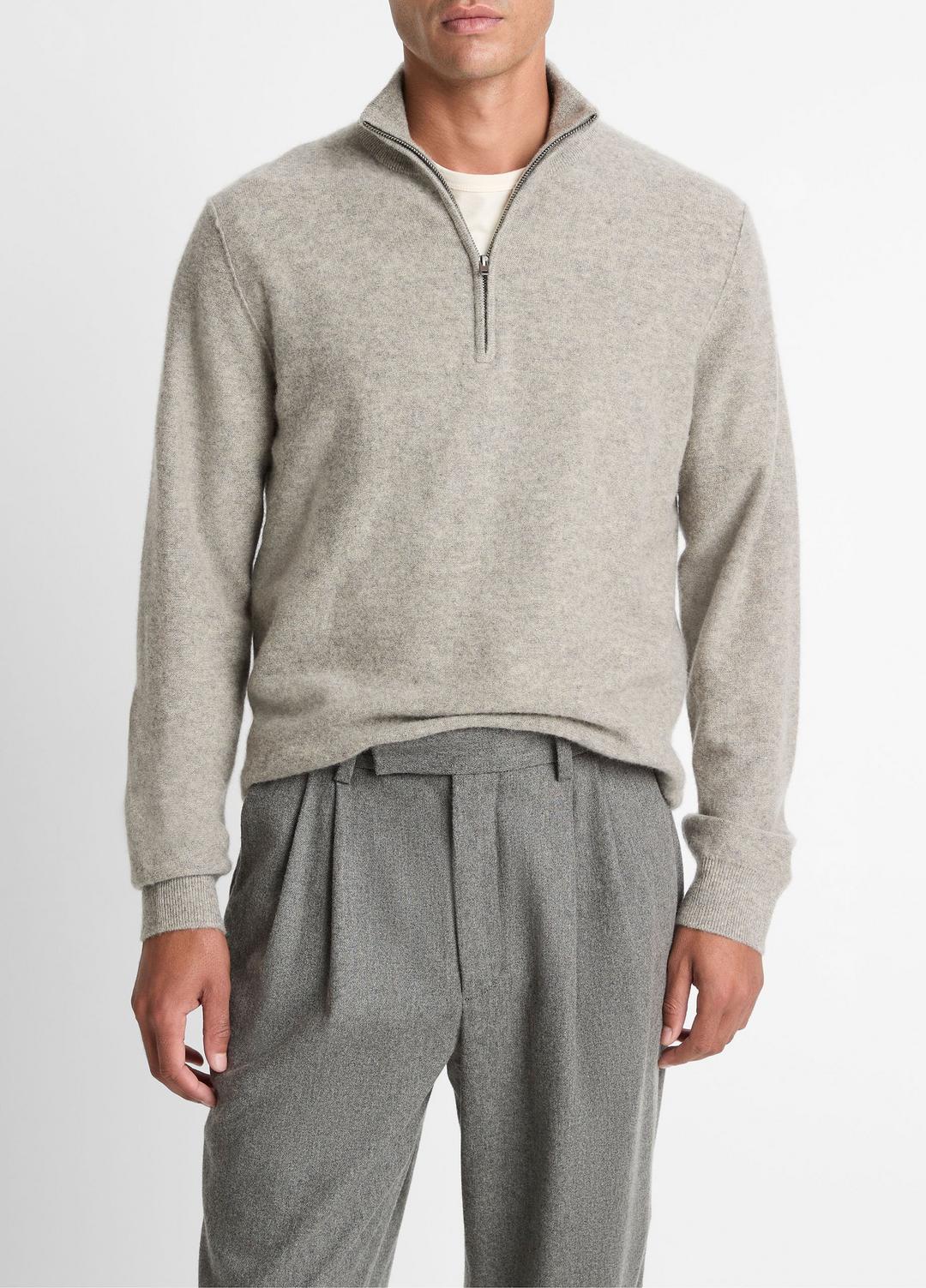 VINCE Men Plush Cashmere Quarter-Zip Sweater in Quarter Zip HEATHER MOUSE