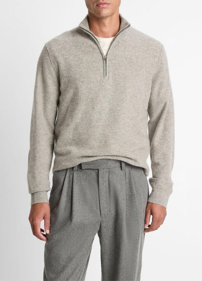 VINCE Men Plush Cashmere Quarter-Zip Sweater in Quarter Zip HEATHER MOUSE