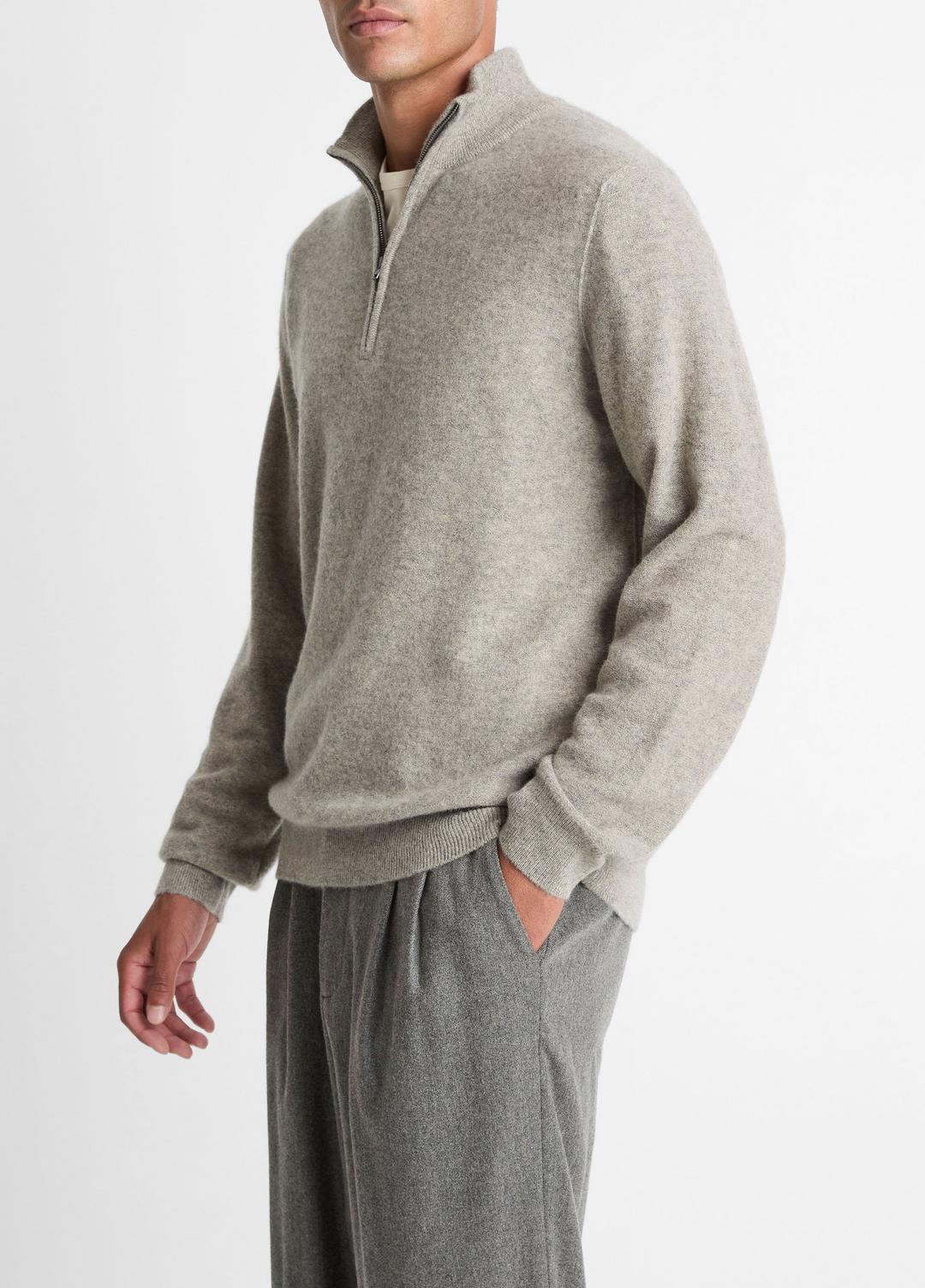 VINCE Men Plush Cashmere Quarter-Zip Sweater in Quarter Zip HEATHER MOUSE