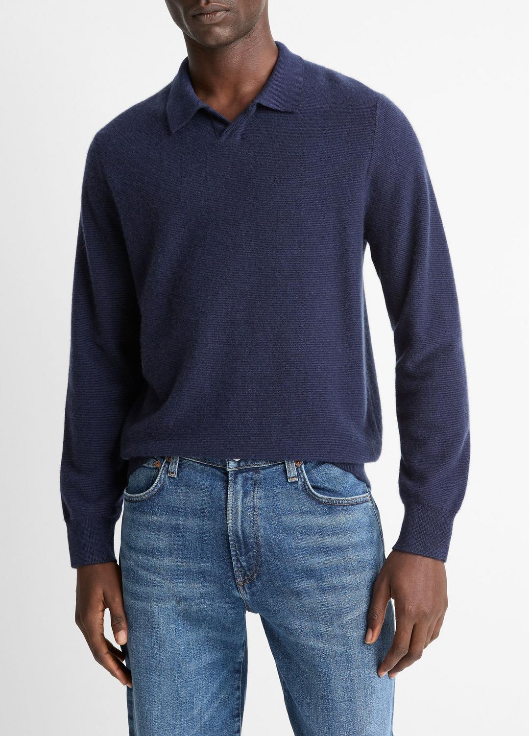 VINCE Men Feed Stripe Plush Cashmere Johnny-Collar Sweater in Cashmere COASTAL BLUE/DARK SAPPHIRE