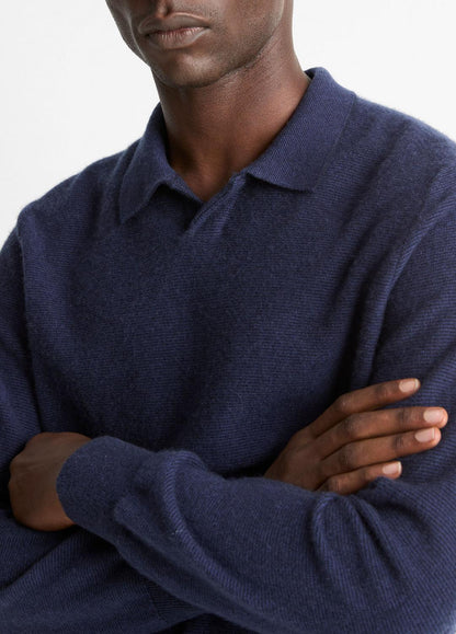 VINCE Men Feed Stripe Plush Cashmere Johnny-Collar Sweater in Cashmere COASTAL BLUE/DARK SAPPHIRE