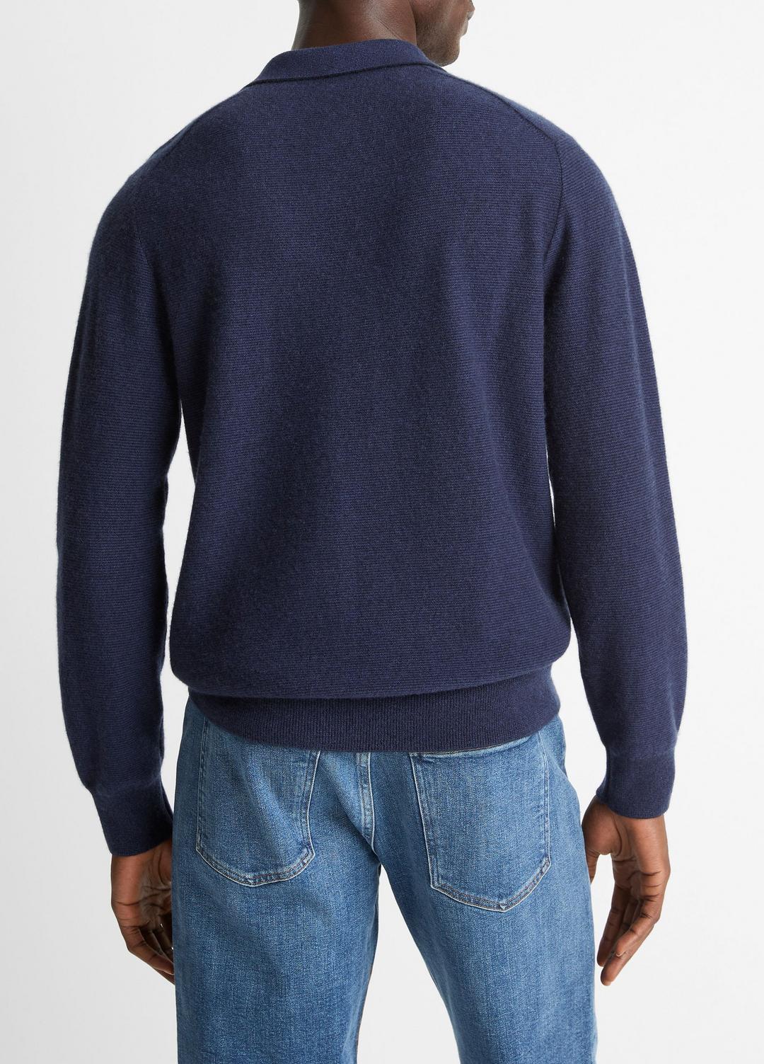 VINCE Men Feed Stripe Plush Cashmere Johnny-Collar Sweater in Cashmere COASTAL BLUE/DARK SAPPHIRE