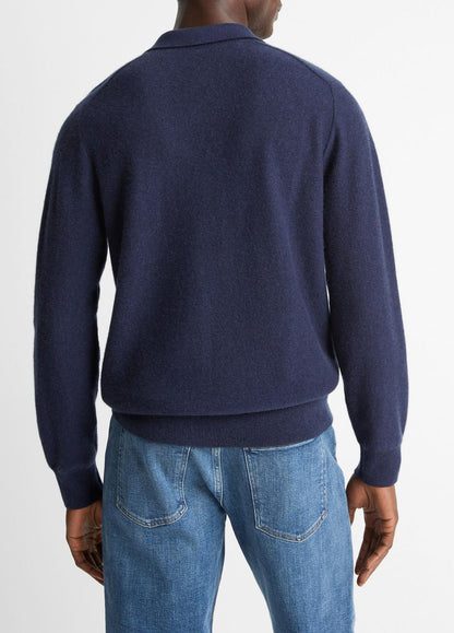 VINCE Men Feed Stripe Plush Cashmere Johnny-Collar Sweater in Cashmere COASTAL BLUE/DARK SAPPHIRE