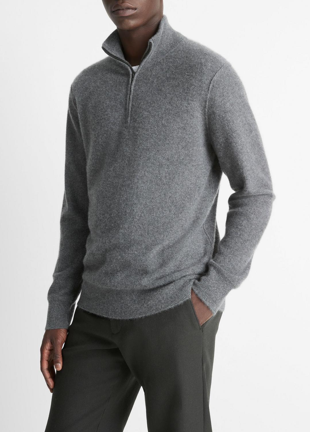 VINCE Men Plush Cashmere Quarter-Zip Sweater in Quarter Zip MEDIUM HEATHER GREY