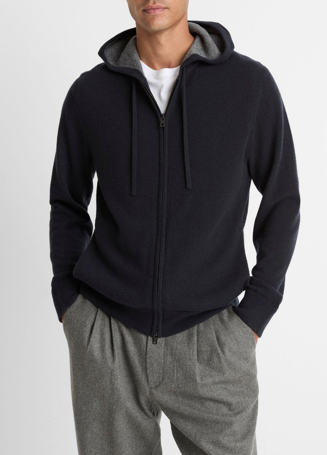 VINCE Men Cashmere Zip-Front Hoodie in Cashmere COASTAL BLUE/MEDIUM HEATHER GREY