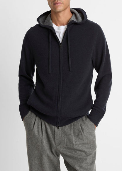 VINCE Men Cashmere Zip-Front Hoodie in Cashmere COASTAL BLUE/MEDIUM HEATHER GREY