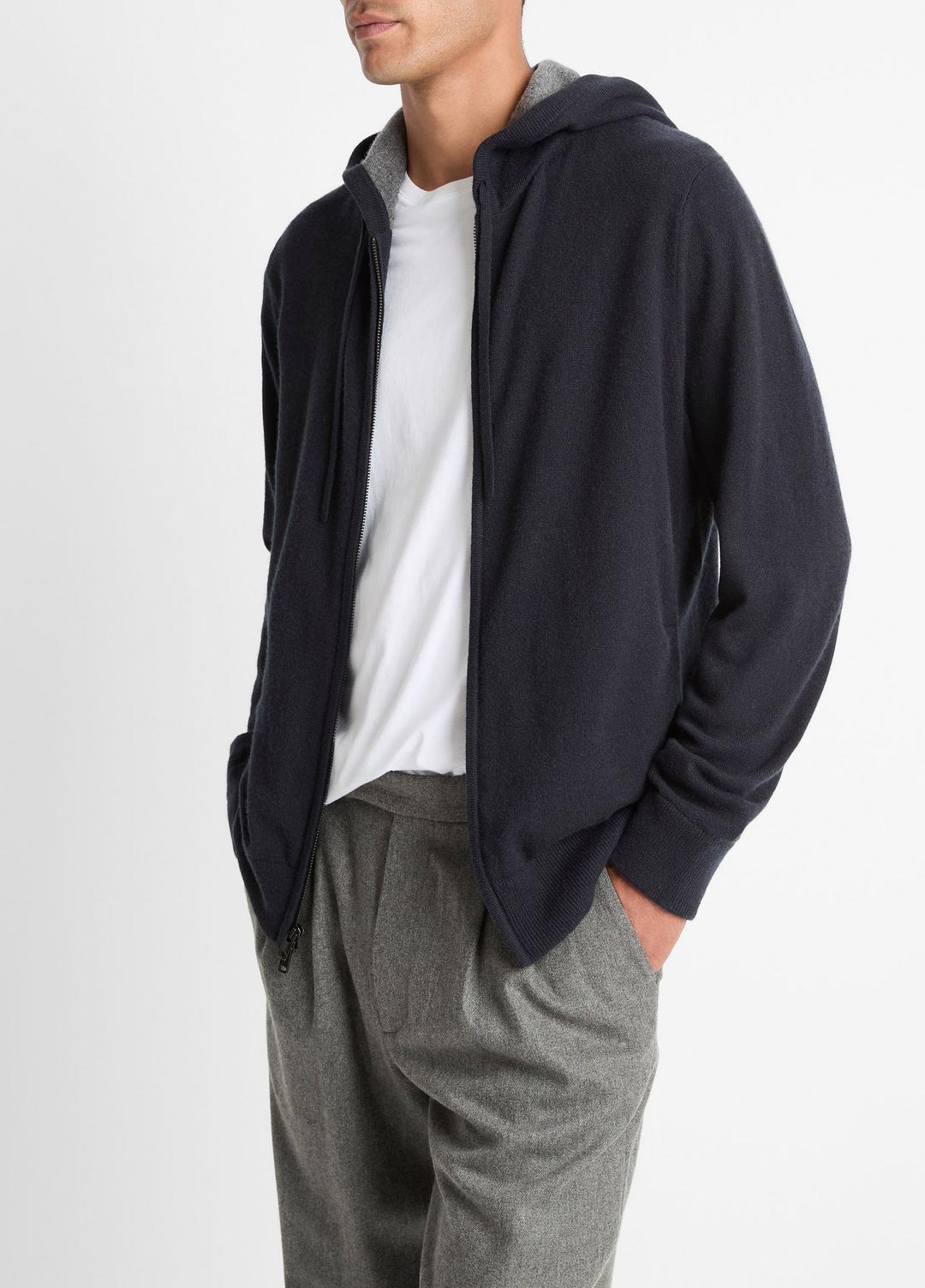 VINCE Men Cashmere Zip-Front Hoodie in Cashmere COASTAL BLUE/MEDIUM HEATHER GREY