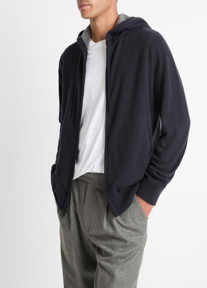 VINCE Men Cashmere Zip-Front Hoodie in Cashmere COASTAL BLUE/MEDIUM HEATHER GREY