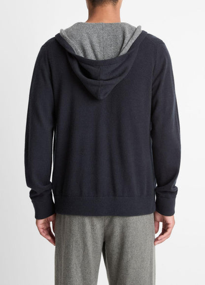 VINCE Men Cashmere Zip-Front Hoodie in Cashmere COASTAL BLUE/MEDIUM HEATHER GREY