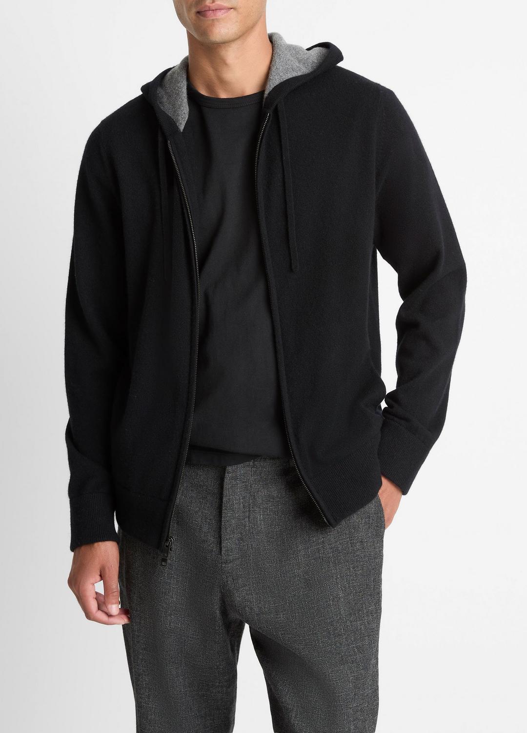 VINCE Men Cashmere Zip-Front Hoodie in Cashmere BLACK/MEDIUM HEATHER GREY