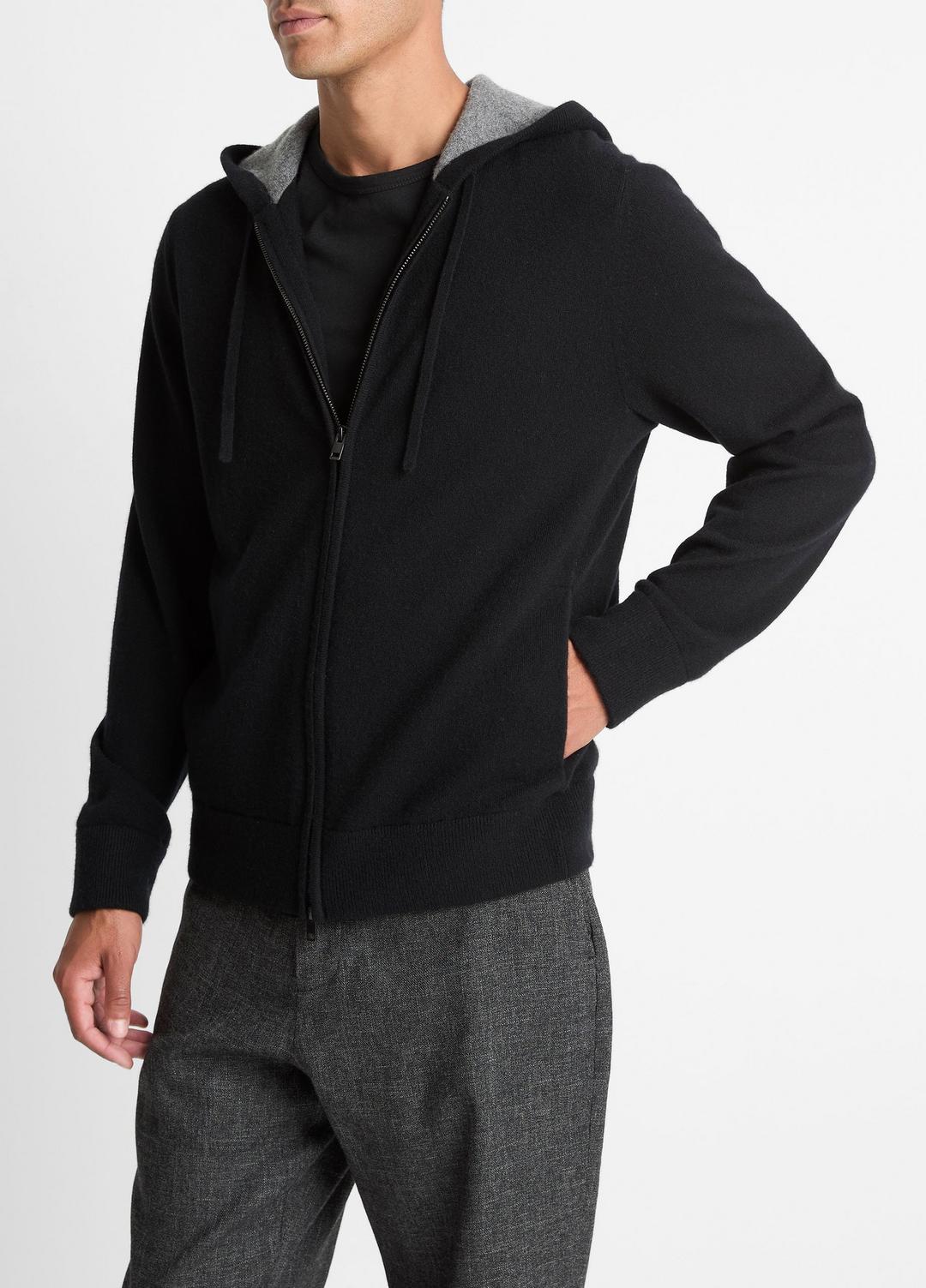 VINCE Men Cashmere Zip-Front Hoodie in Cashmere BLACK/MEDIUM HEATHER GREY