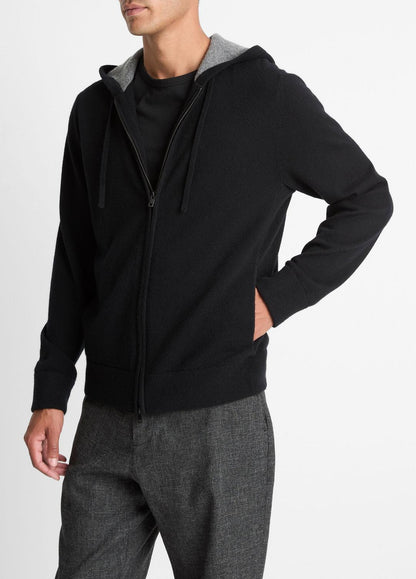 VINCE Men Cashmere Zip-Front Hoodie in Cashmere BLACK/MEDIUM HEATHER GREY