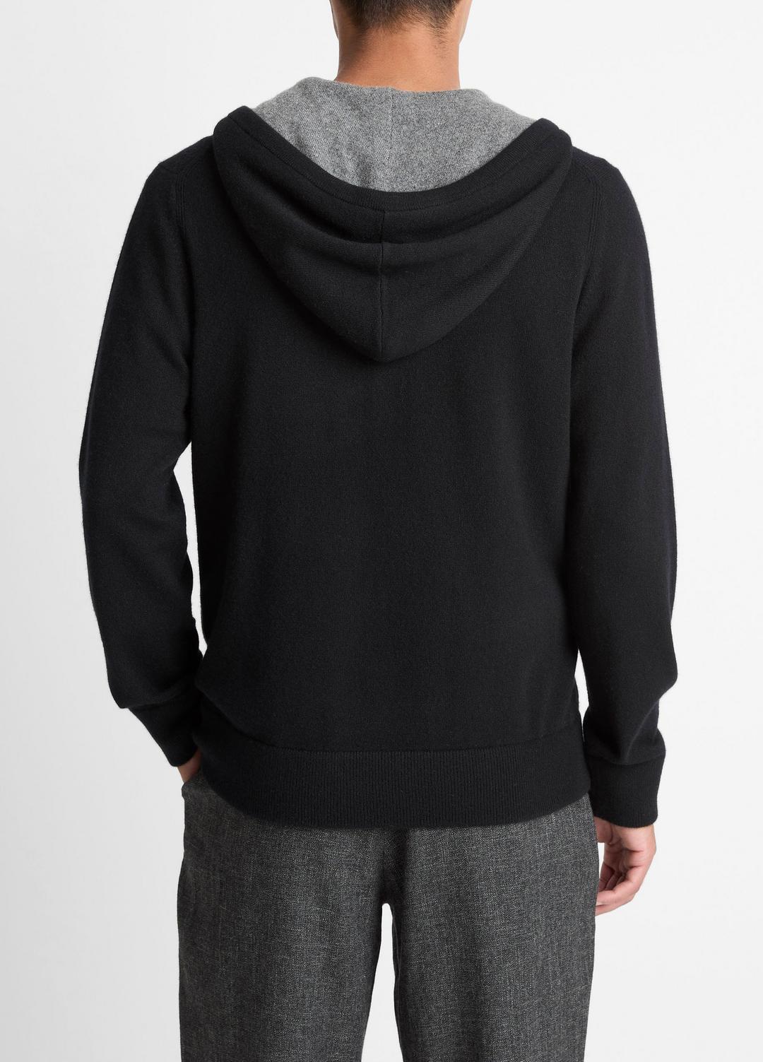 VINCE Men Cashmere Zip-Front Hoodie in Cashmere BLACK/MEDIUM HEATHER GREY
