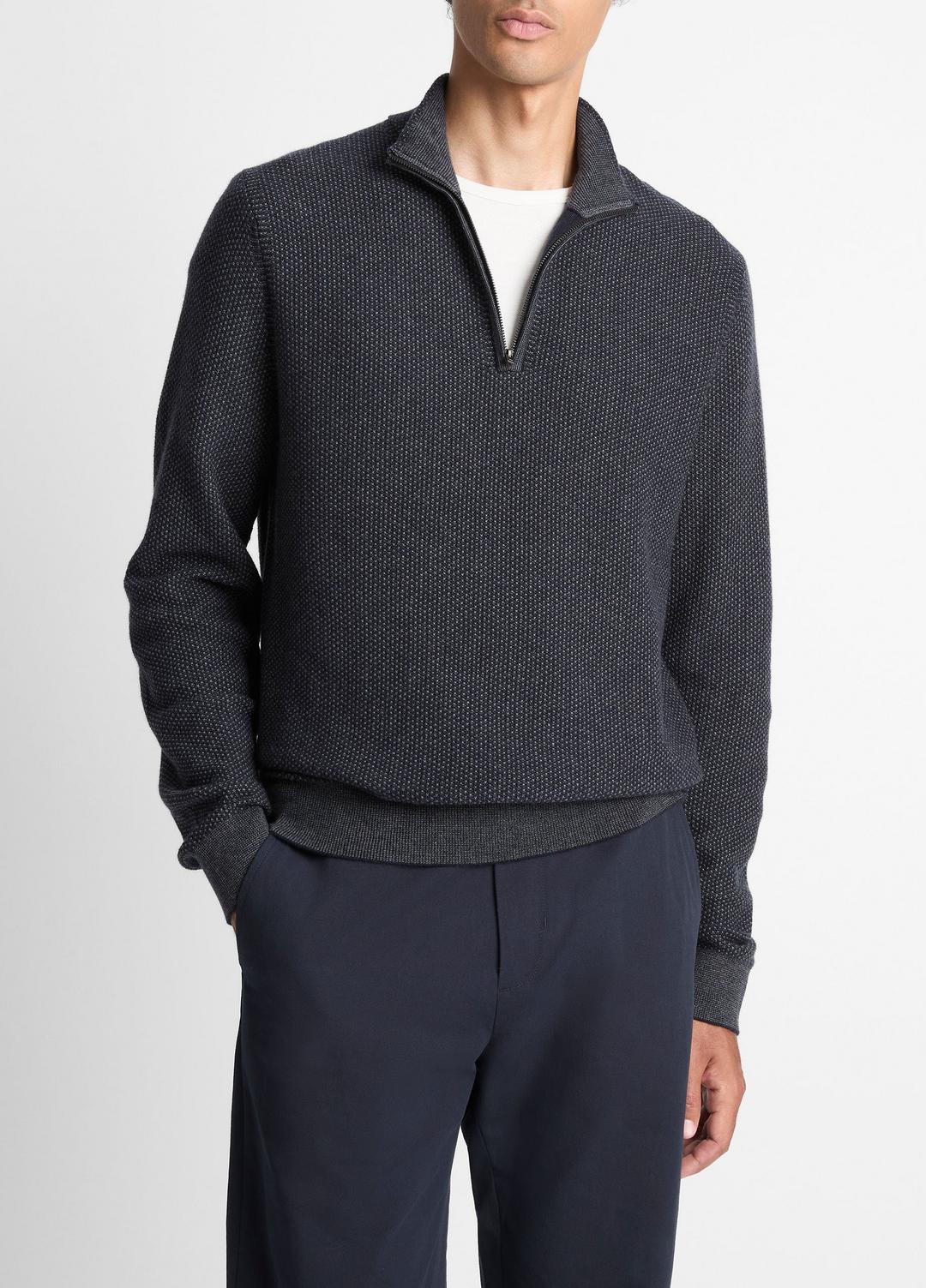 VINCE Men Geo-Jacquard Wool-Blend Quarter-Zip Sweater in Quarter Zip COASTAL BLUE/MEDIUM HEATHER GREY