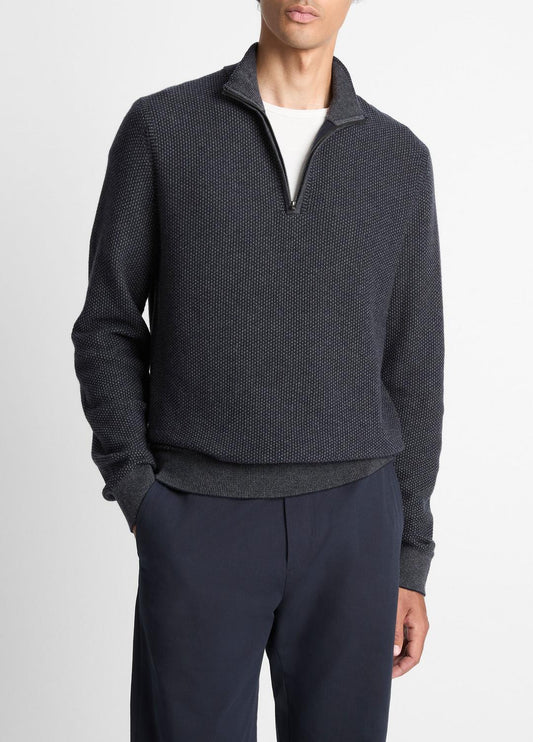 VINCE Men Geo-Jacquard Wool-Blend Quarter-Zip Sweater in Quarter Zip COASTAL BLUE/MEDIUM HEATHER GREY