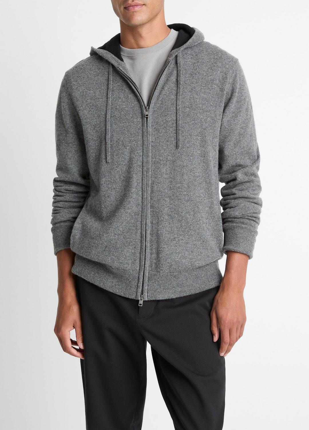 VINCE Men Cashmere Zip-Front Hoodie in Cashmere MEDIUM HEATHER GREY/BLACK