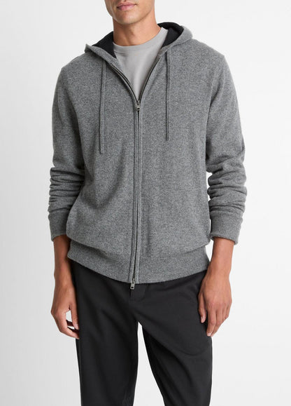 VINCE Men Cashmere Zip-Front Hoodie in Cashmere MEDIUM HEATHER GREY/BLACK