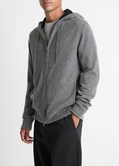 VINCE Men Cashmere Zip-Front Hoodie in Cashmere MEDIUM HEATHER GREY/BLACK