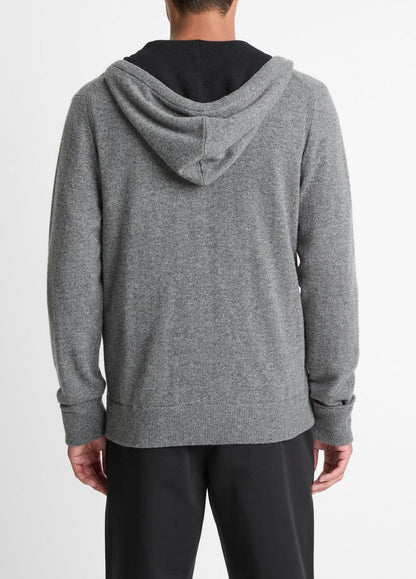 VINCE Men Cashmere Zip-Front Hoodie in Cashmere MEDIUM HEATHER GREY/BLACK