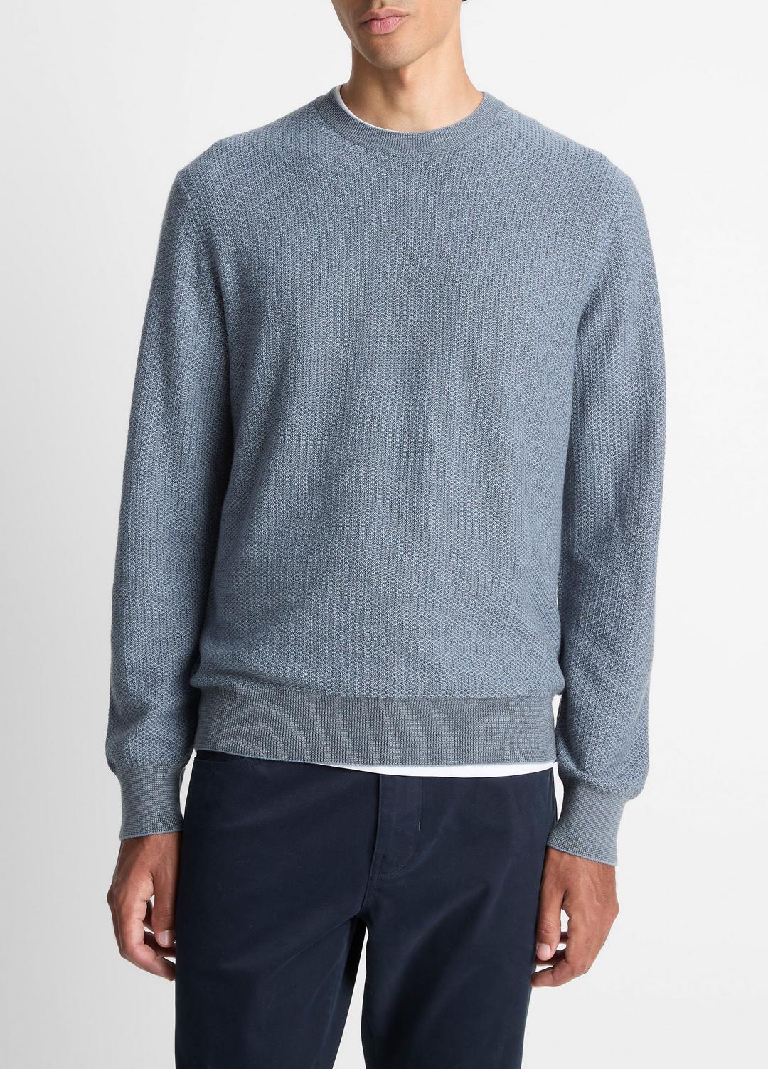 VINCE Men Geo-Jacquard Wool-Blend Crew Neck Sweater in Crew Neck PARLOR BLUE/MEDIUM HEATHER GREY