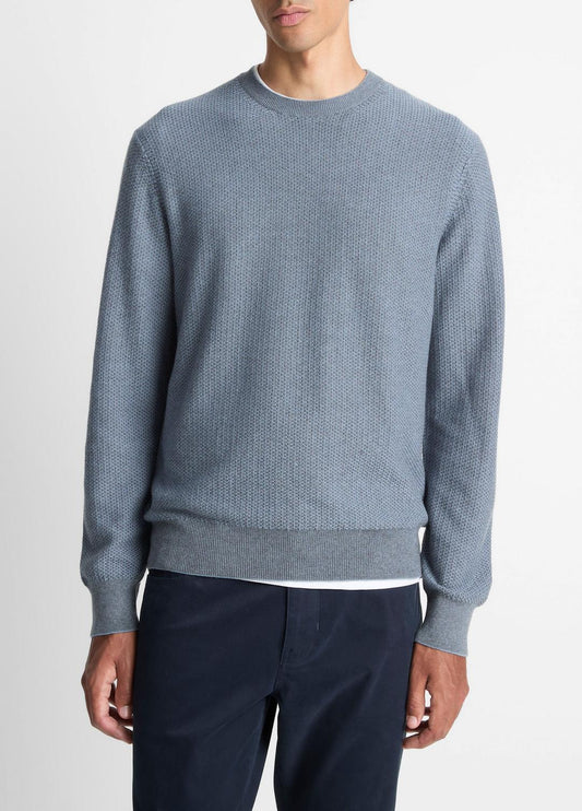 VINCE Men Geo-Jacquard Wool-Blend Crew Neck Sweater in Crew Neck PARLOR BLUE/MEDIUM HEATHER GREY