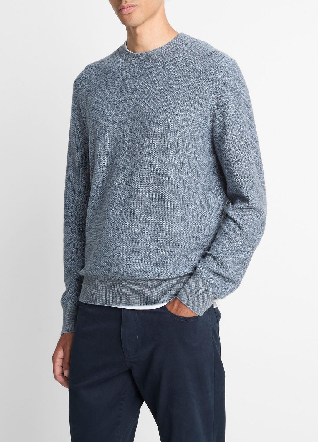 VINCE Men Geo-Jacquard Wool-Blend Crew Neck Sweater in Crew Neck PARLOR BLUE/MEDIUM HEATHER GREY