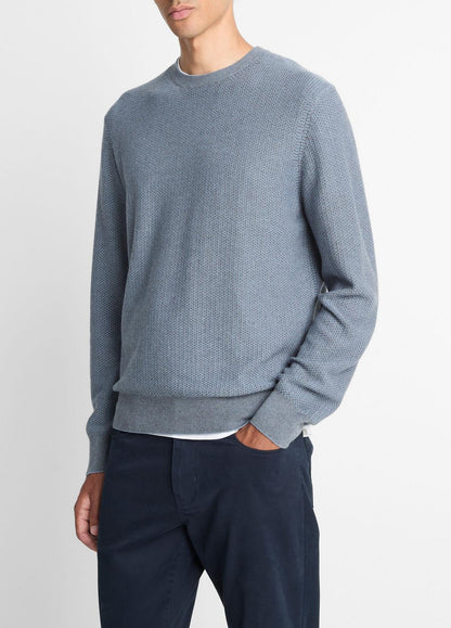 VINCE Men Geo-Jacquard Wool-Blend Crew Neck Sweater in Crew Neck PARLOR BLUE/MEDIUM HEATHER GREY