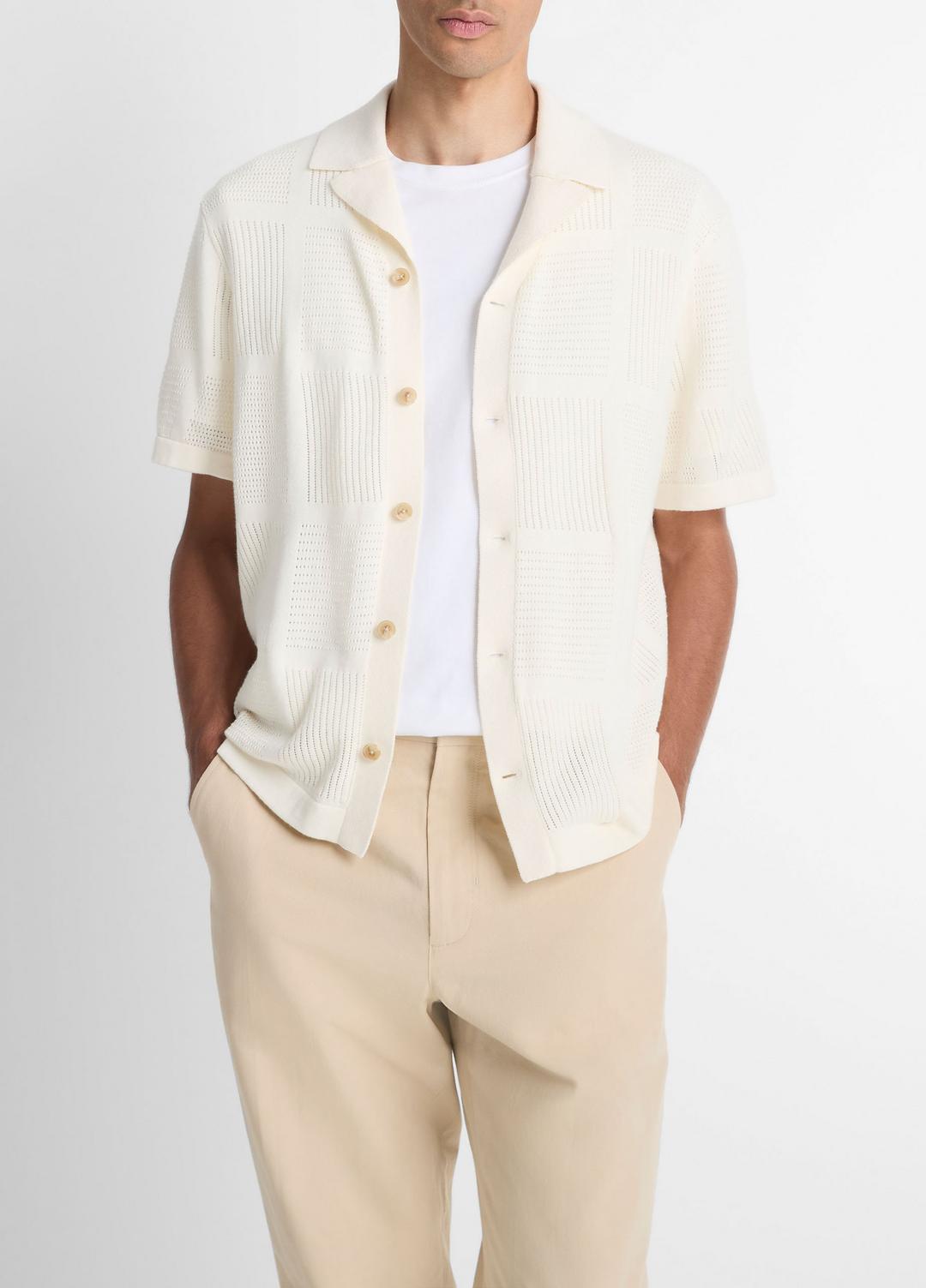 VINCE Men Patchwork Pointelle Short-Sleeve Shirt in Short Sleeve CLASSIC CREAM