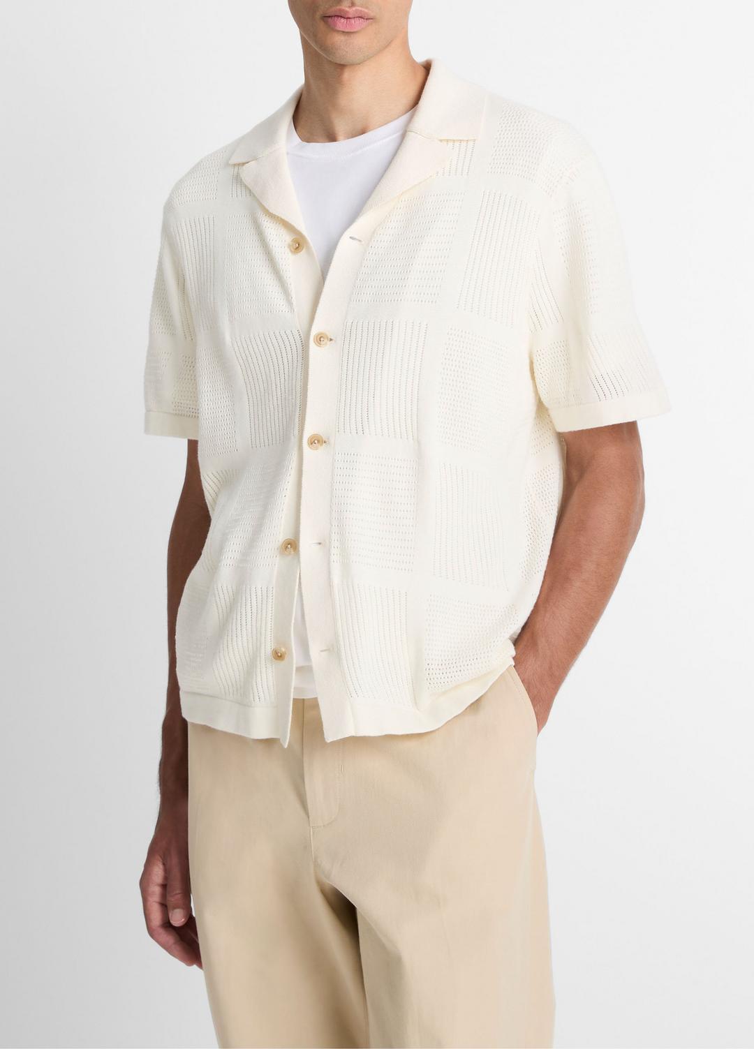 VINCE Men Patchwork Pointelle Short-Sleeve Shirt in Short Sleeve CLASSIC CREAM