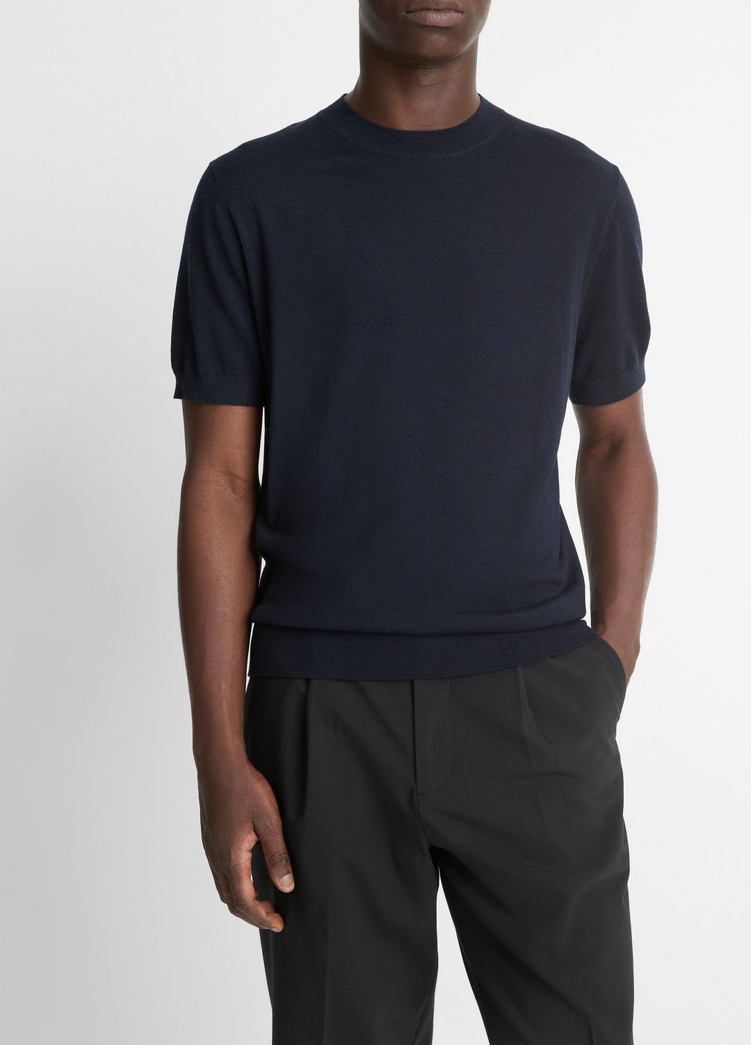 VINCE Men Featherweight Merino Wool-Cashmere Short-Sleeve Sweater in Crew Neck COASTAL BLUE