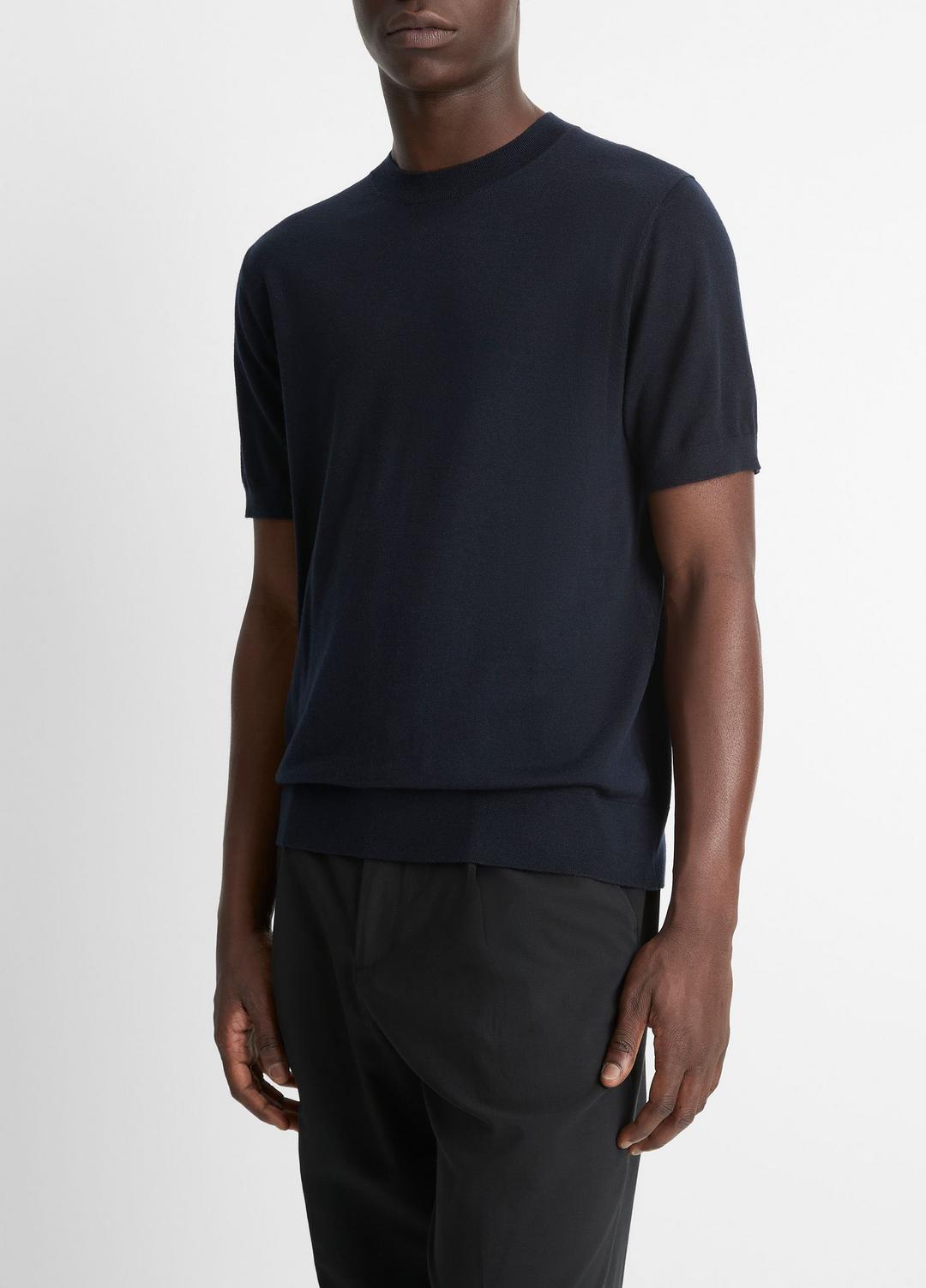 VINCE Men Featherweight Merino Wool-Cashmere Short-Sleeve Sweater in Crew Neck COASTAL BLUE