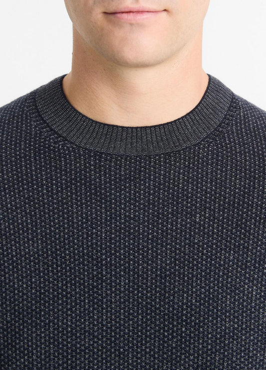 VINCE Men Geo-Jacquard Wool-Blend Crew Neck Sweater in Crew Neck COASTAL BLUE/MEDIUM HEATHER GREY