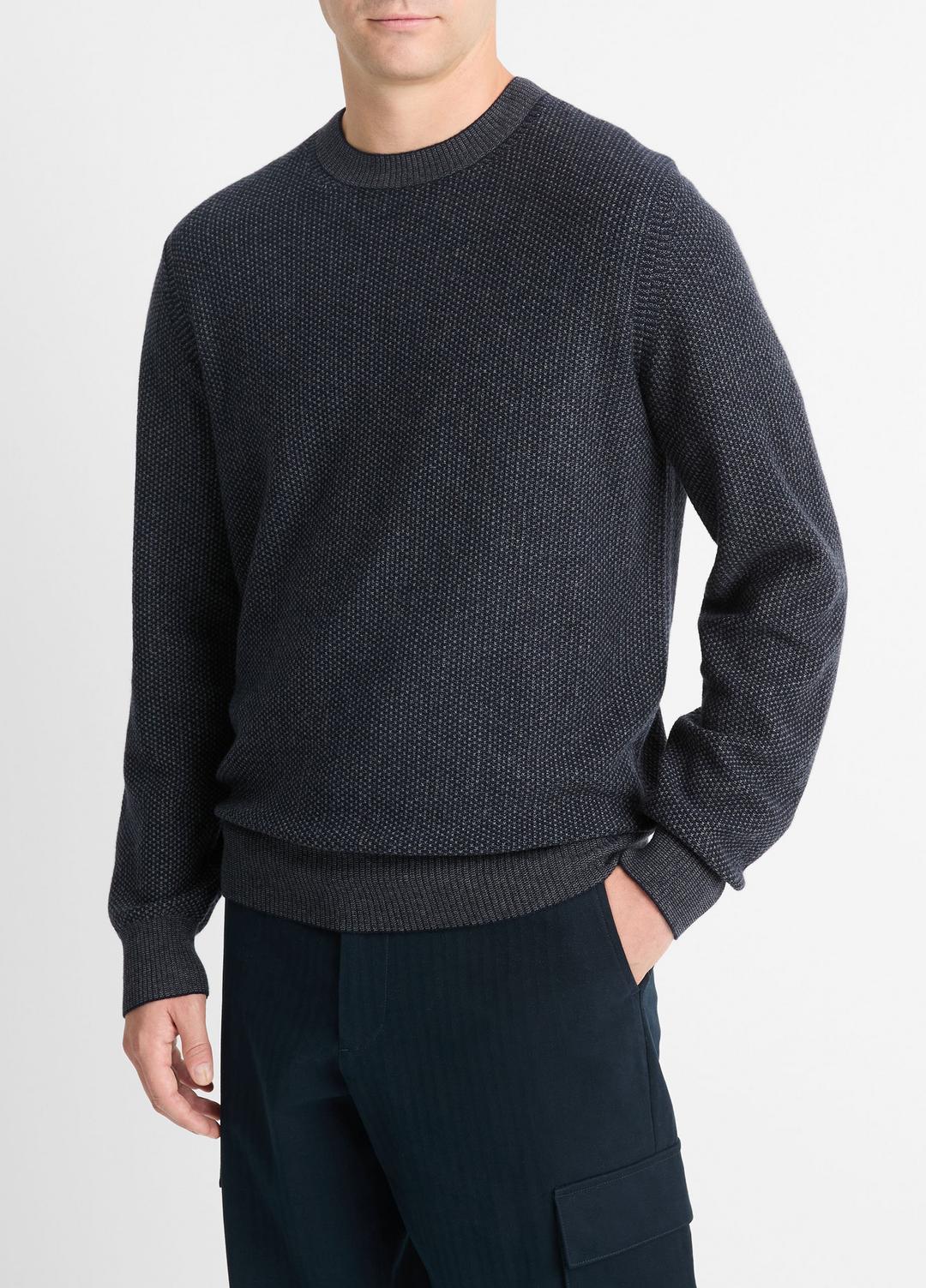 VINCE Men Geo-Jacquard Wool-Blend Crew Neck Sweater in Crew Neck COASTAL BLUE/MEDIUM HEATHER GREY