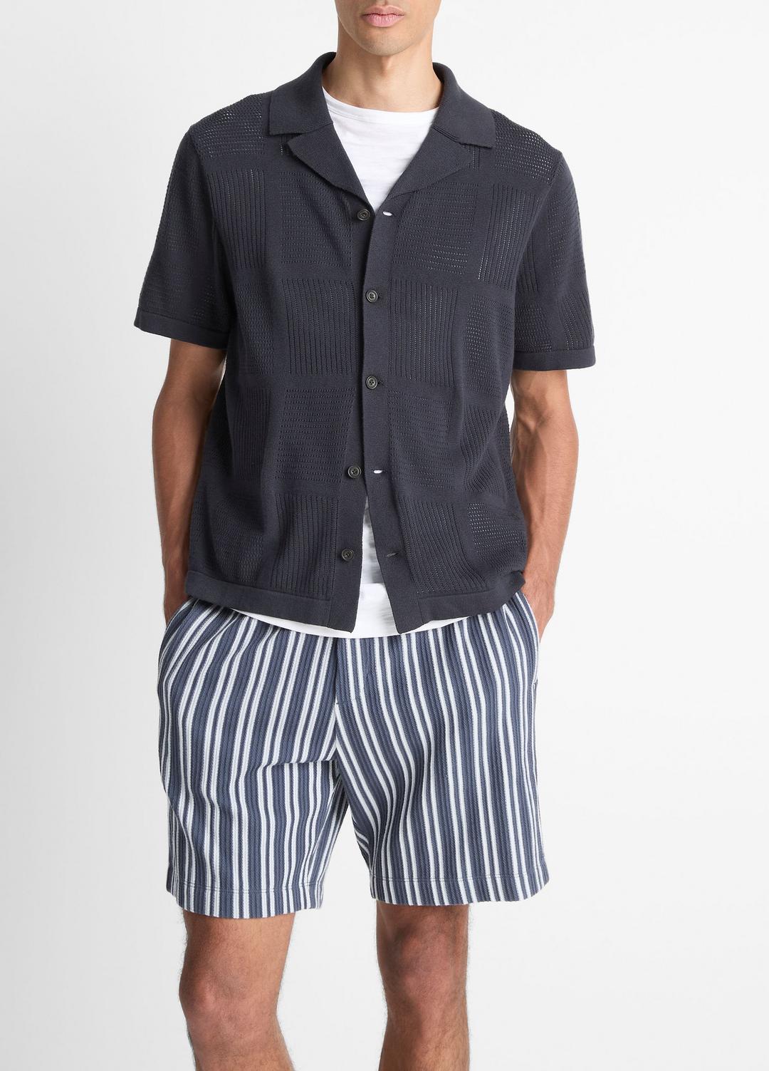 VINCE Men Patchwork Pointelle Short-Sleeve Shirt in Short Sleeve LIGHT COASTAL BLUE