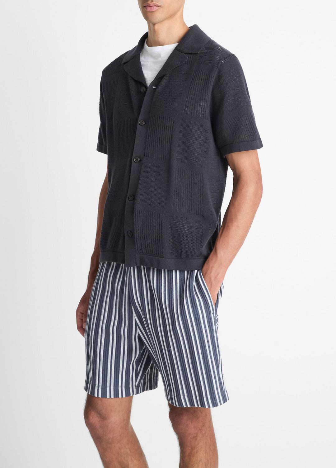 VINCE Men Patchwork Pointelle Short-Sleeve Shirt in Short Sleeve LIGHT COASTAL BLUE