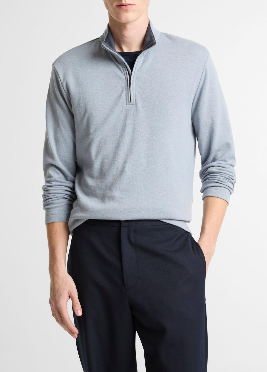 VINCE Men Double-Face Cotton-Blend Quarter-Zip Pullover in Quarter Zip STEEL BLUE/STUDIO