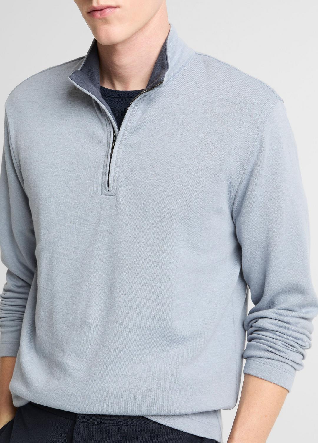 VINCE Men Double-Face Cotton-Blend Quarter-Zip Pullover in Quarter Zip STEEL BLUE/STUDIO