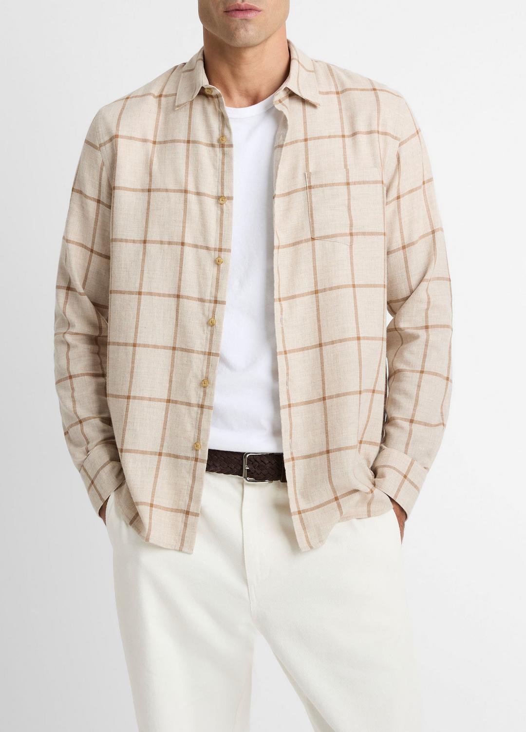 VINCE Men Rockery Plaid Cotton Button-Front Shirt in Long Sleeve HEATHER OATMEAL/WALNUT