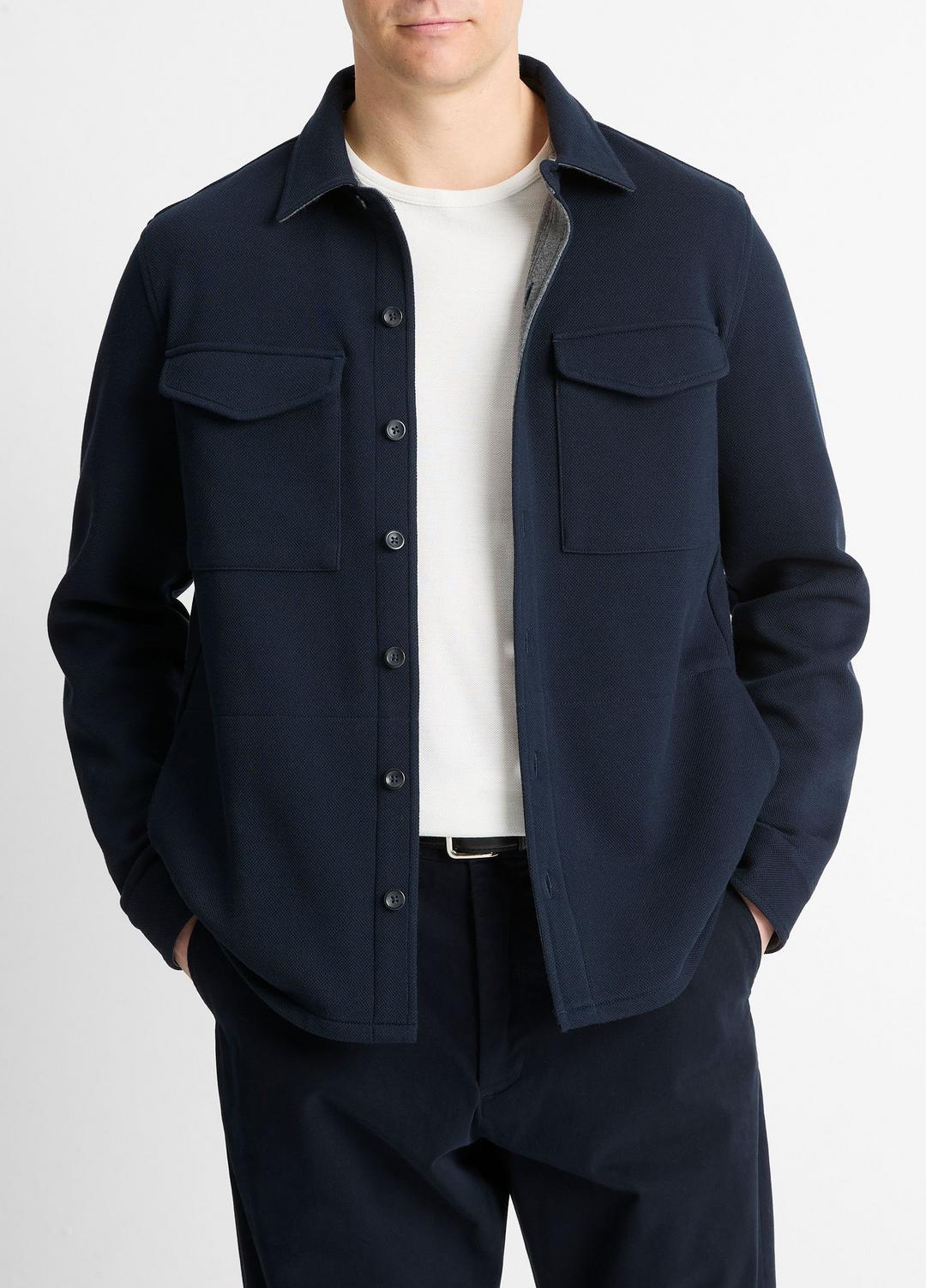 VINCE Men Double-Knit Cotton-Blend Piqué Shirt Jacket in Shirt Jackets COASTAL BLUE/MEDIUM GREY