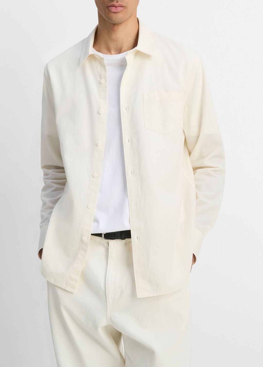 VINCE Men Cotton Chambray Button-Front Shirt in Long Sleeve OFF WHITE