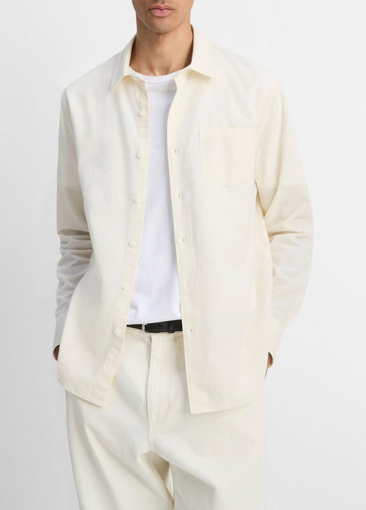VINCE Men Cotton Chambray Button-Front Shirt in Long Sleeve OFF WHITE