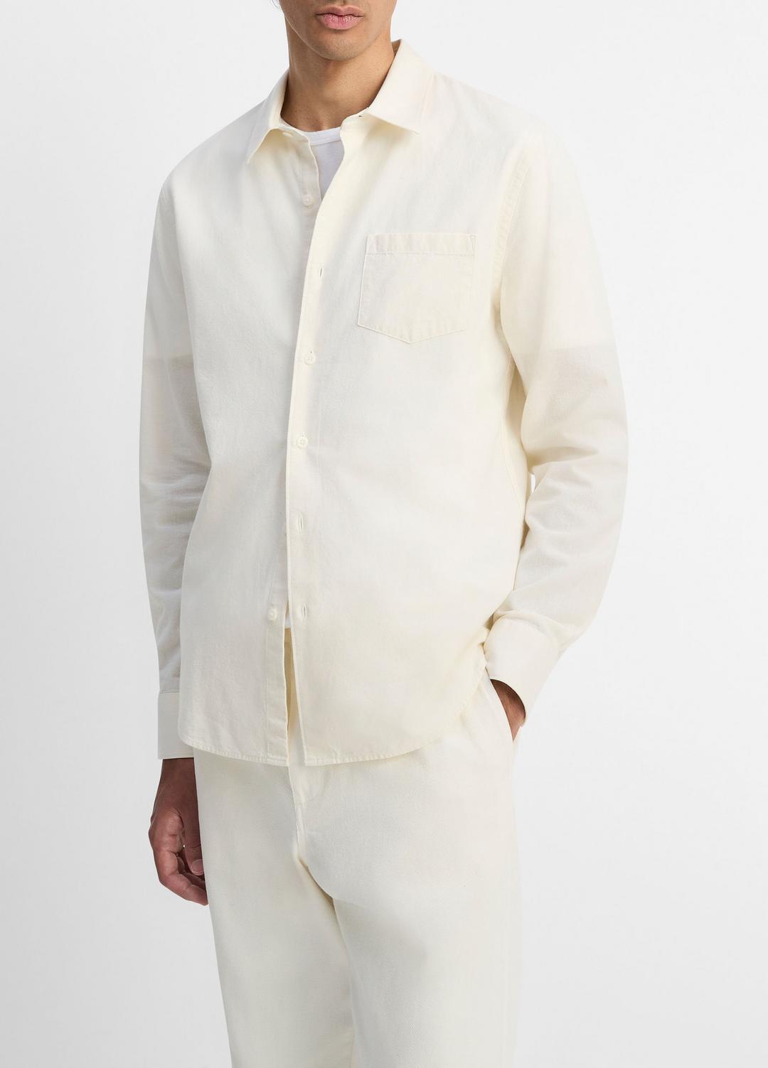 VINCE Men Cotton Chambray Button-Front Shirt in Long Sleeve OFF WHITE