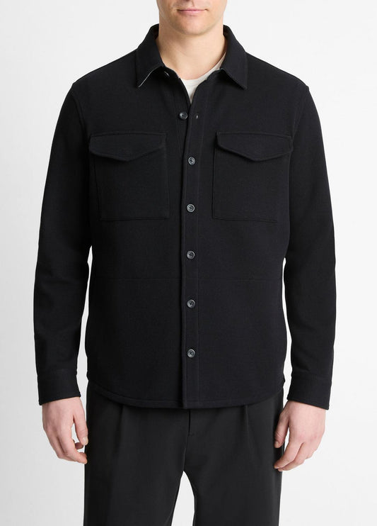 VINCE Men Double-Knit Cotton-Blend Piqué Shirt Jacket in Shirt Jackets BLACK/MEDIUM HEATHER GREY