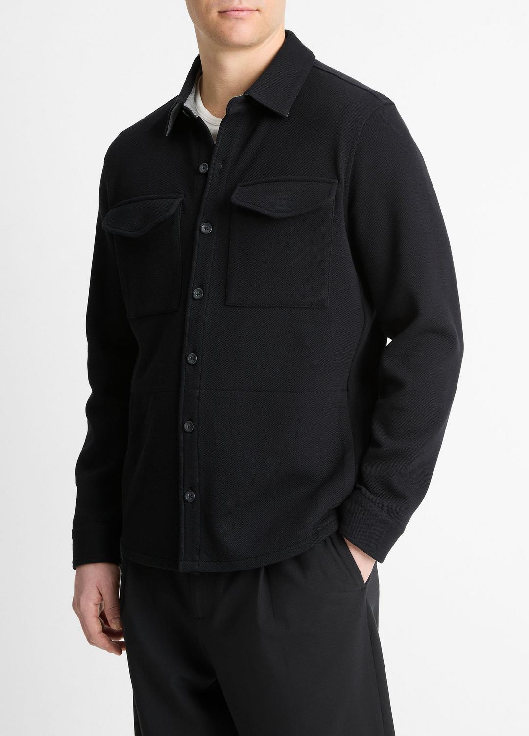 VINCE Men Double-Knit Cotton-Blend Piqué Shirt Jacket in Shirt Jackets BLACK/MEDIUM HEATHER GREY